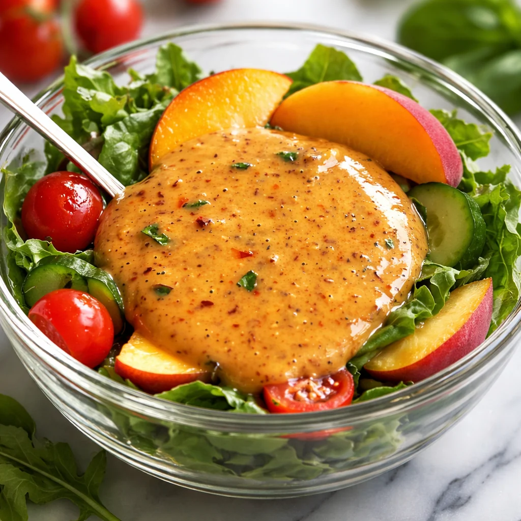 Peach Honey Dijon Balsamic Vinaigrette dressing with peaches and balsamic vinegar