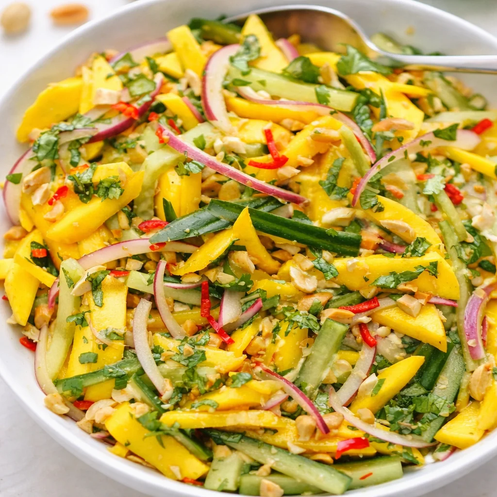 Zesty Thai Mango Salad with Crunchy Peanuts, featuring fresh mango, cucumber, and spicy dressing.