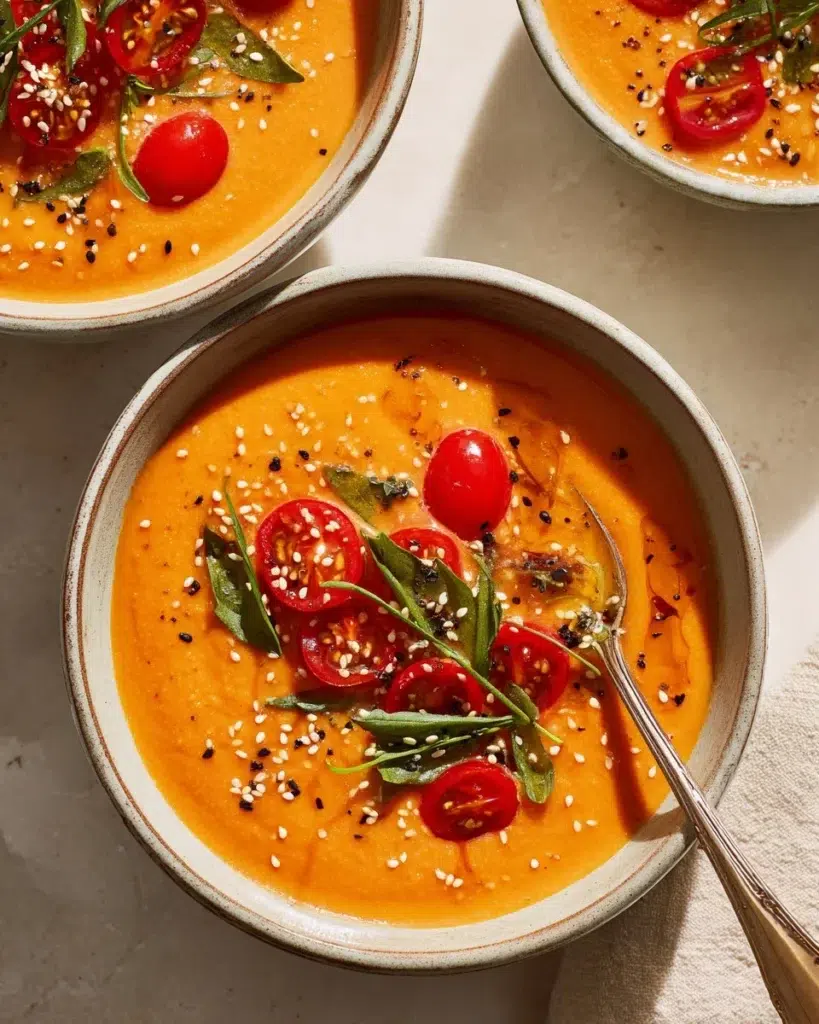 Bowl of authentic tomato gazpacho garnished with fresh herbs and vegetables