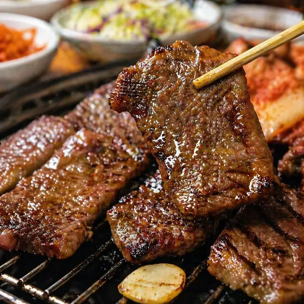 Grilled Kalbi beef ribs marinated in sweet soy sauce, garlic, and green onion.