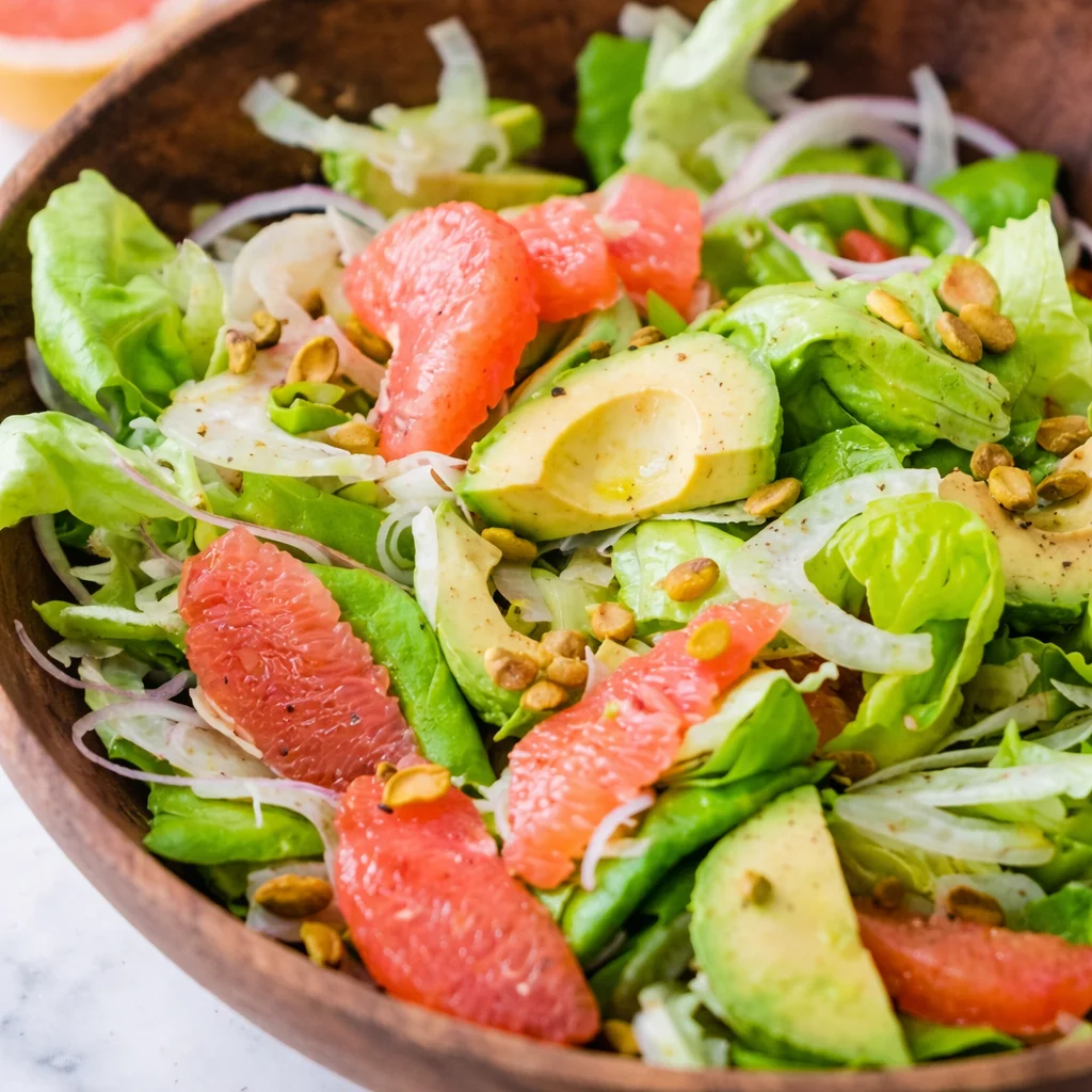 A colorful Avocado Grapefruit and Fennel Salad served in a bowl.
