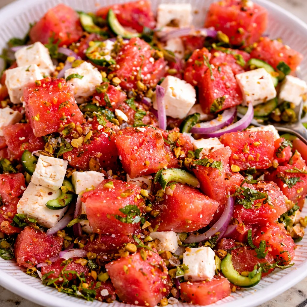 Watermelon Feta Salad with mint, cucumber, and feta cheese on a plate.