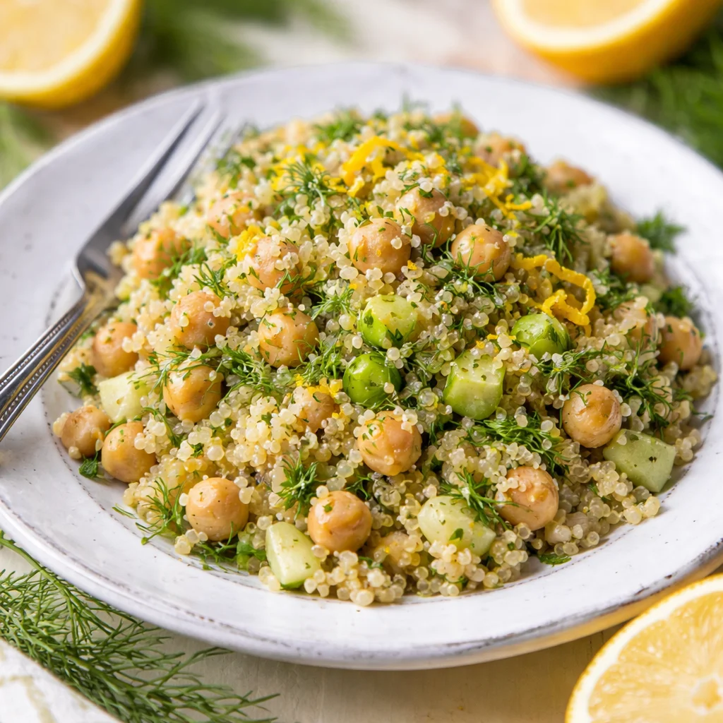 Top down view of Lemon Herb Quinoa with Chickpeas salad on a white plate with veggies.