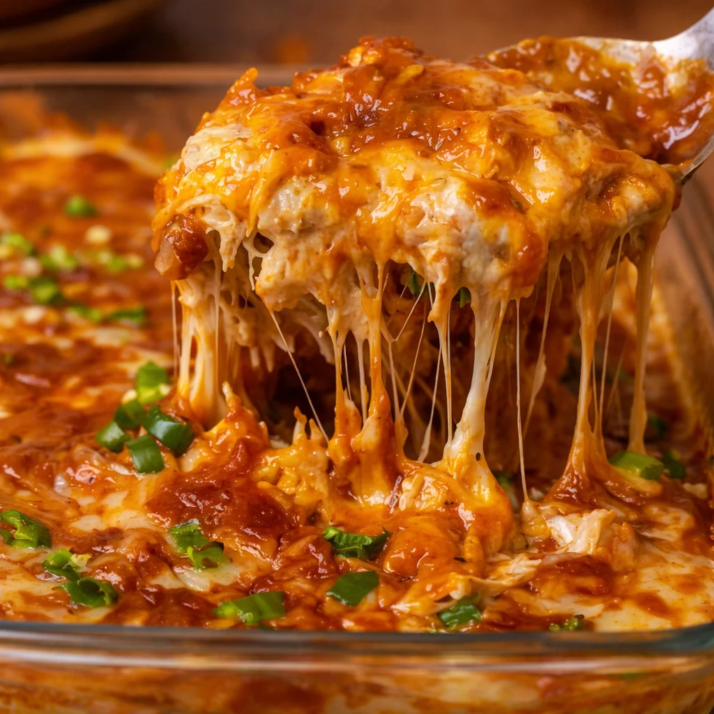 Cheesy Keto Chicken Enchilada Casserole topped with melted cheese and savory chicken.