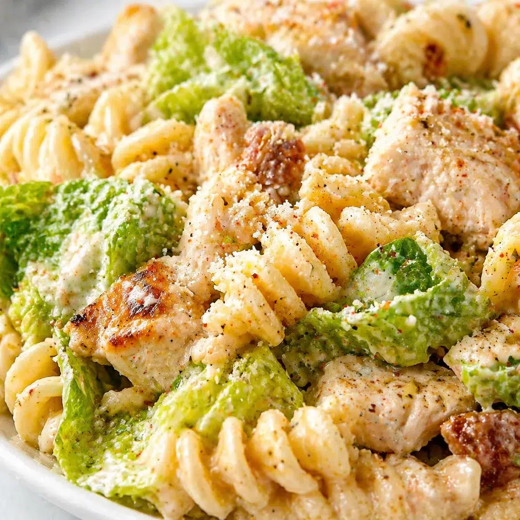 Bowl of Chicken Caesar Pasta Salad with grilled chicken, romaine lettuce, and homemade dressing.