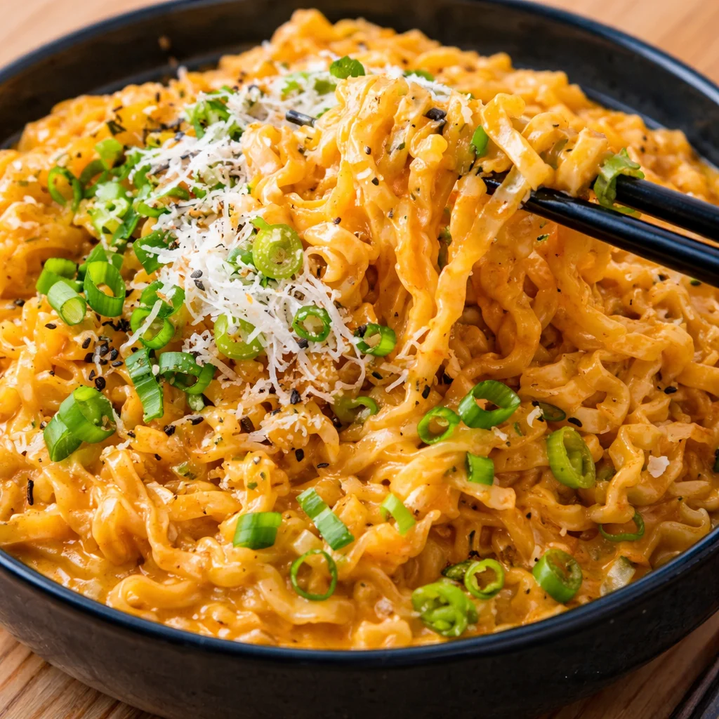 Buldak carbonara ramen noodles in a bowl, highlighting creamy sauce and spicy flavor.