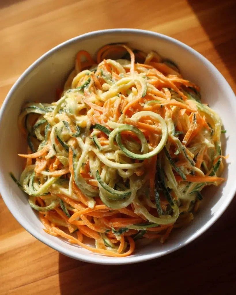Creamy cucumber and carrot salad in a bowl, garnished with herbs