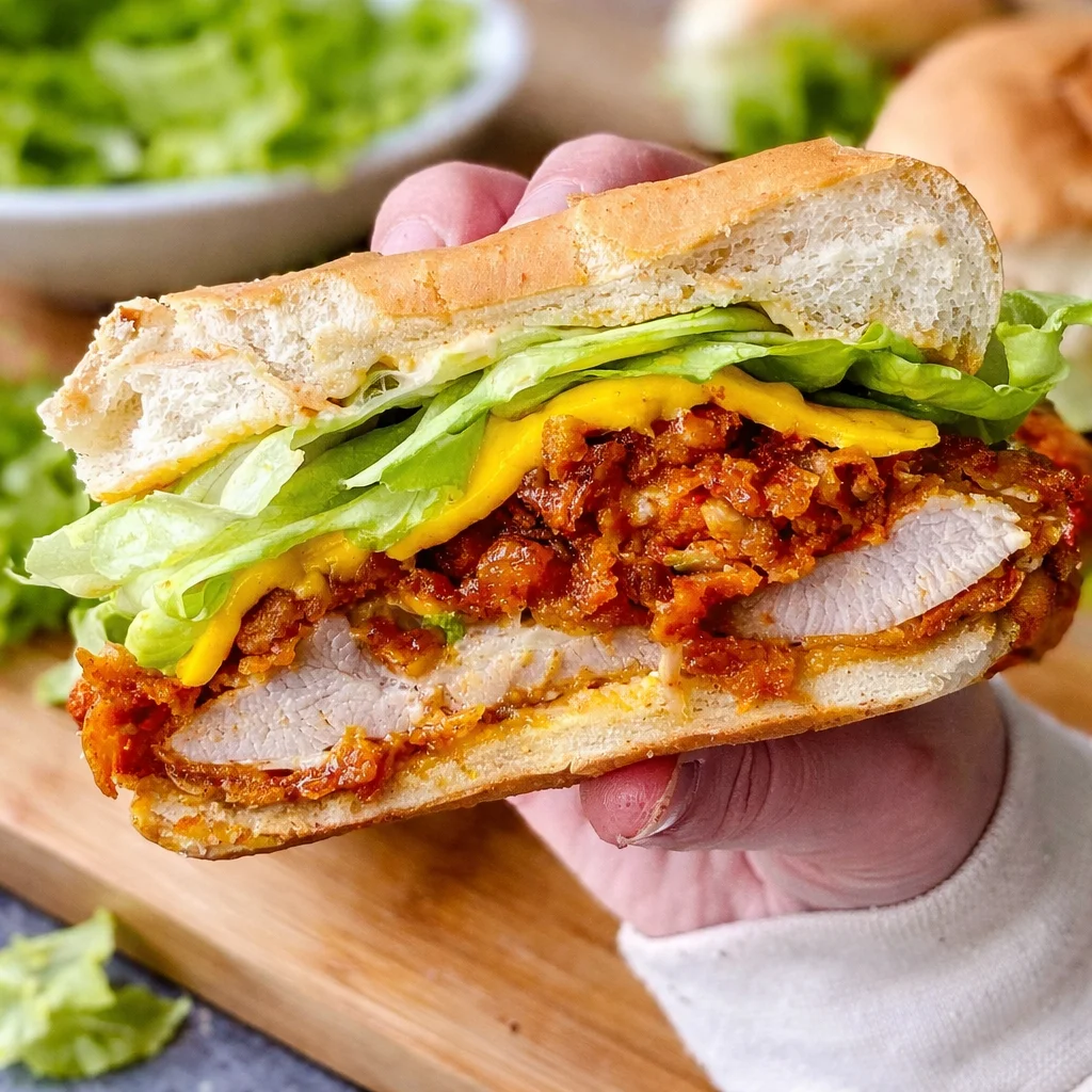 Crispy Fried Chicken Sandwich with brioche bun, pickles, and spicy mayo