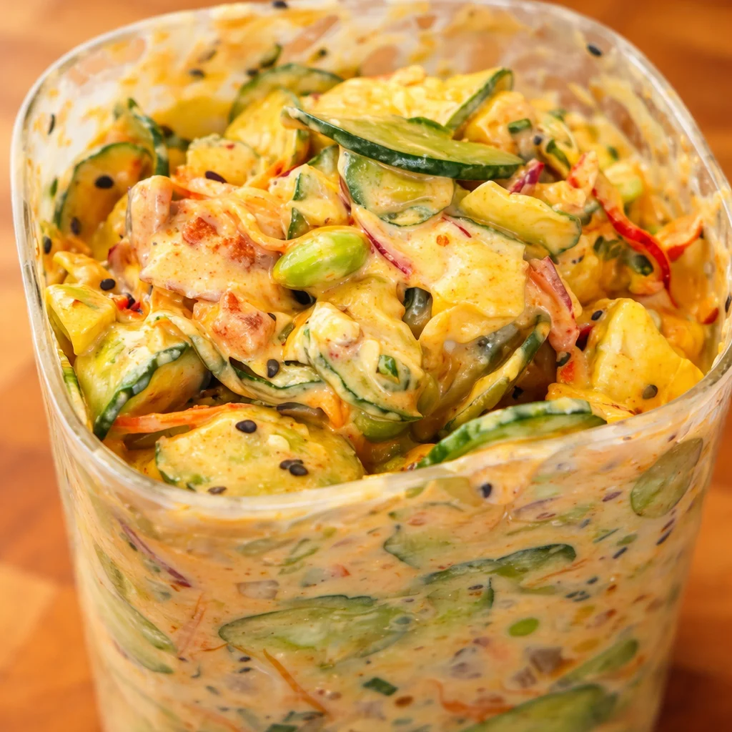 Vegan Asian Cucumber Salad with sesame, ginger, and chili for a refreshing meal prep option.