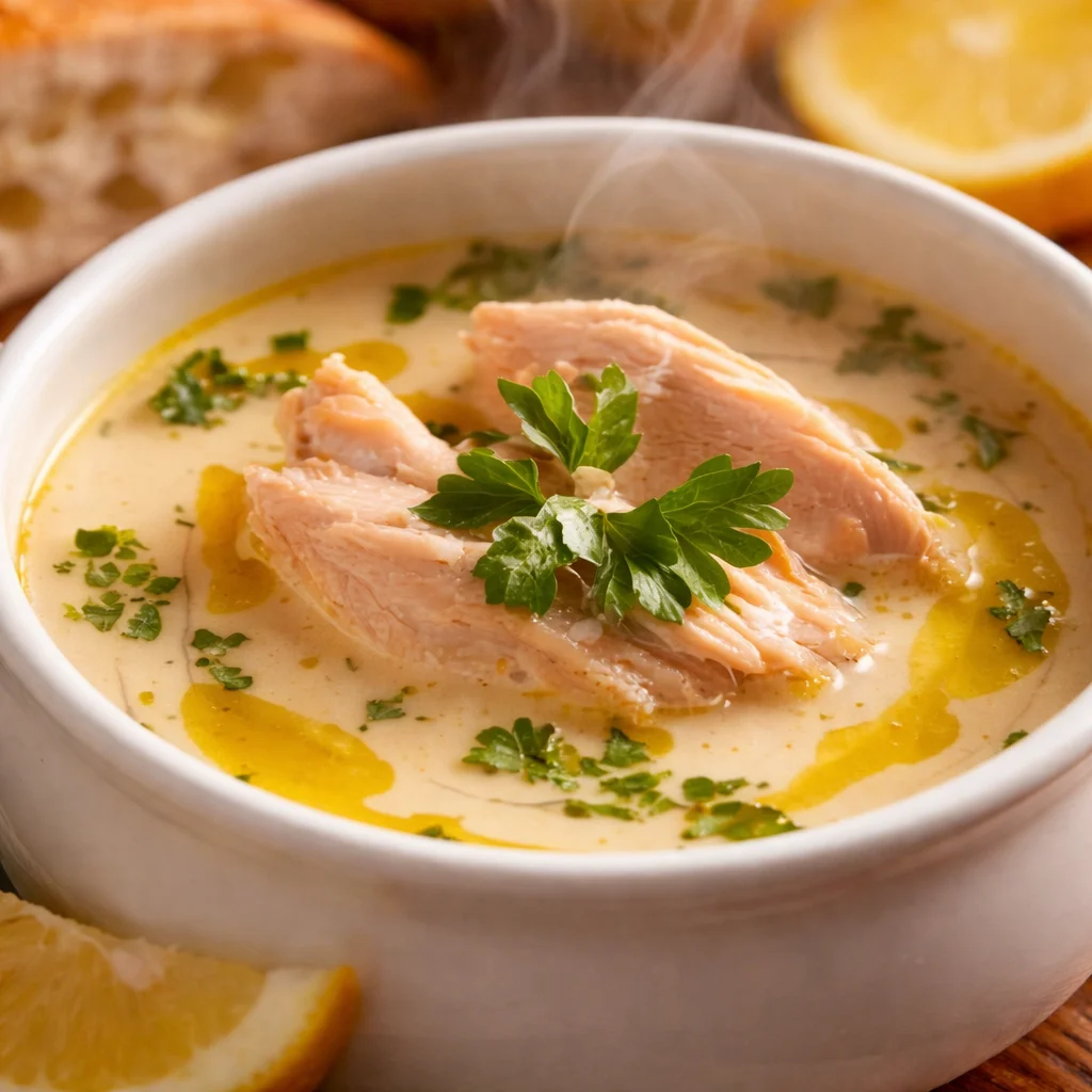 Bowl of Avgolemono Greek Lemon Chicken Soup with lemon and chicken garnish.