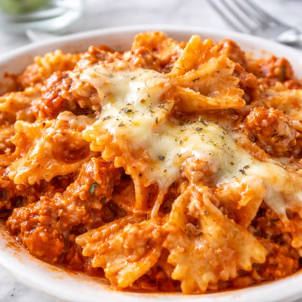 Delicious Bowtie Pasta Lasagna topped with cheese and baked to perfection.