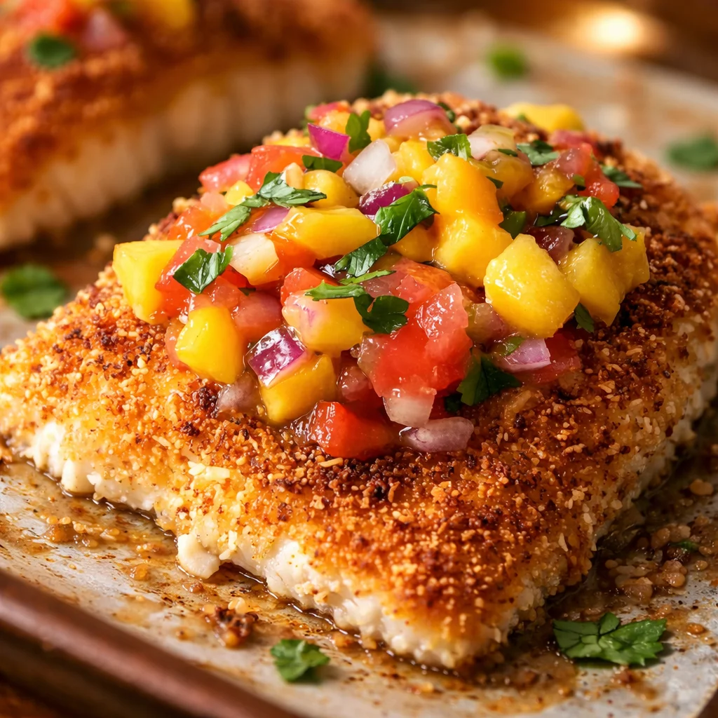 Coconut Mango Fish cooked with spices and served with refreshing mango salsa.