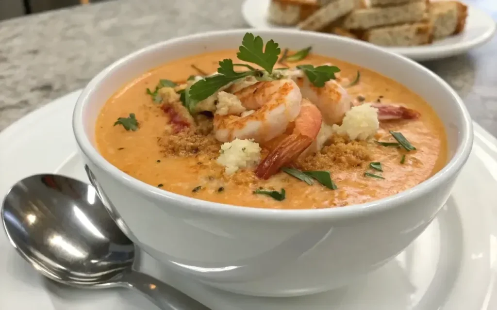 Creamy Crab and Shrimp Seafood Bisque served in a bowl with garnish