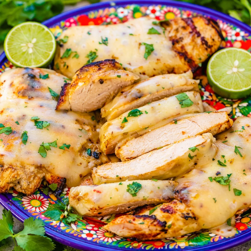 Grilled Salsa Verde Pepper Jack Chicken topped with melting cheese and fresh salsa verde.