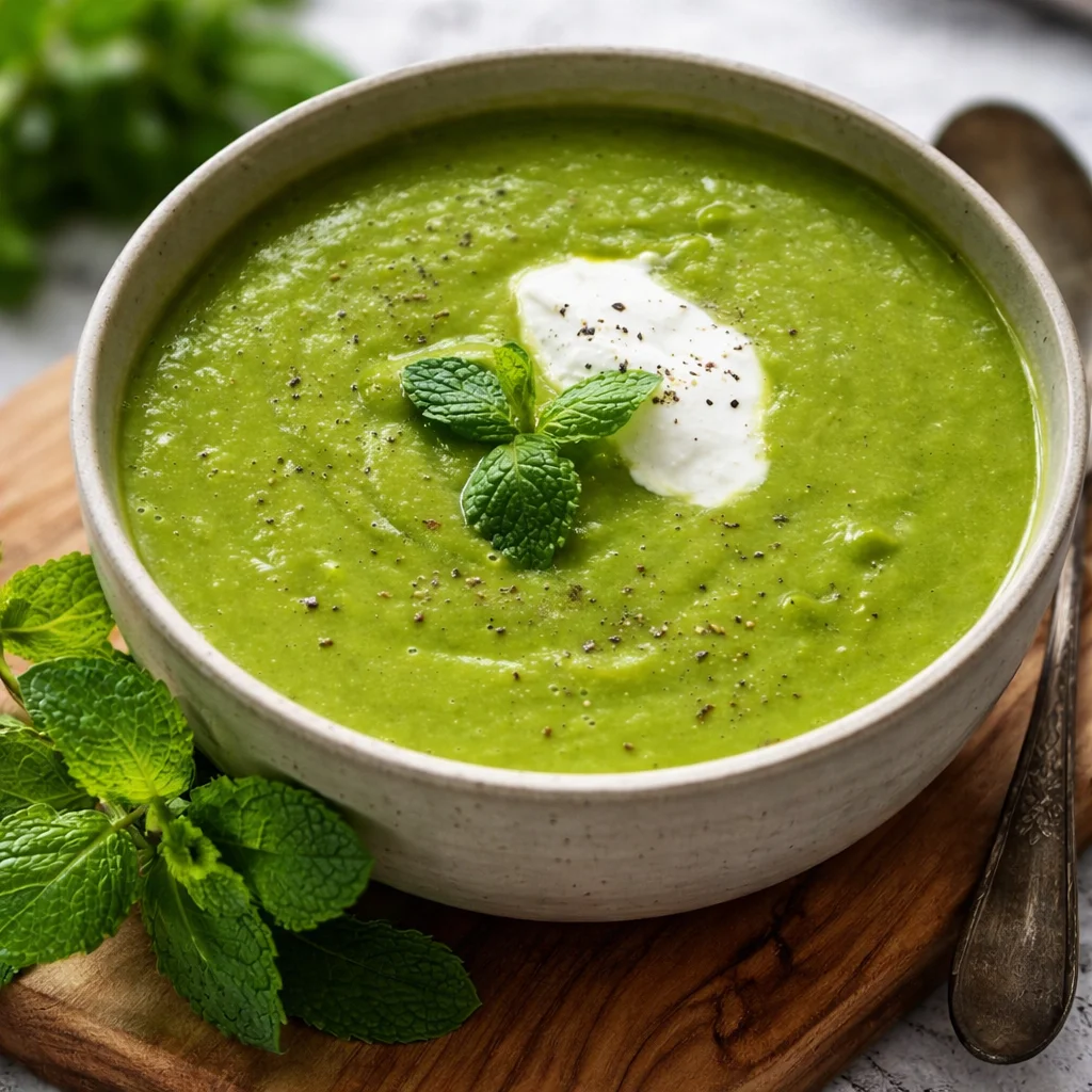 Bowl of fresh Pea and Mint Soup garnished with mint leaves