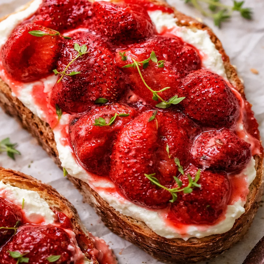 Roasted Strawberry Whipped Ricotta Toast topped with jammy strawberries and creamy ricotta.