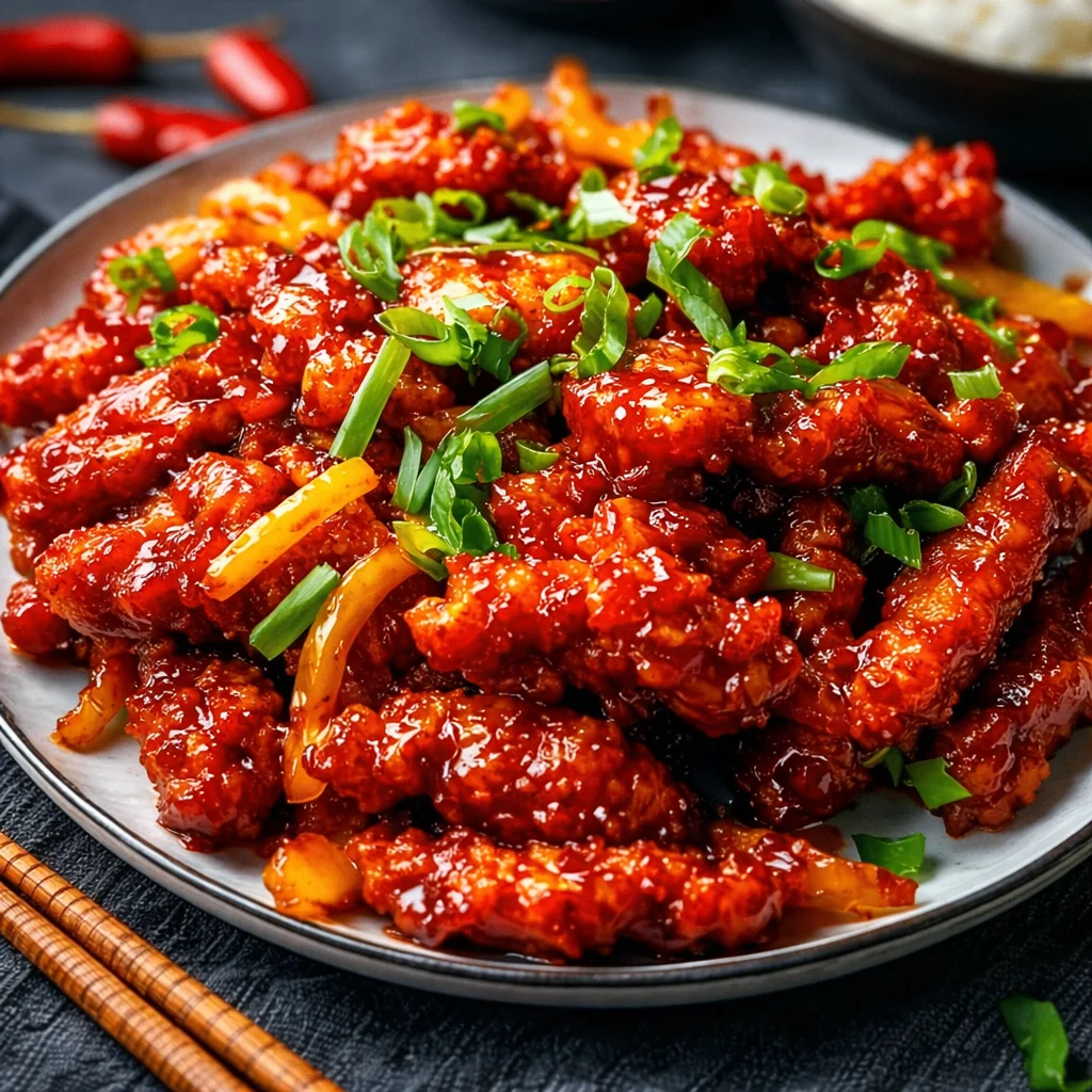 Crispy Spicy Dragon Chicken tossed in a fiery sauce with veggies and cashews.