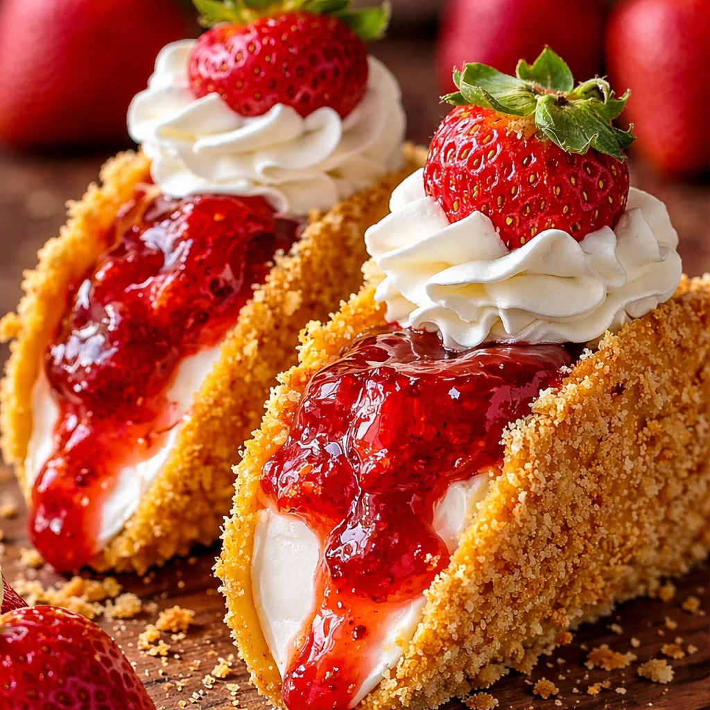 Strawberry Crunch Cheesecake Tacos with creamy filling and strawberry topping.