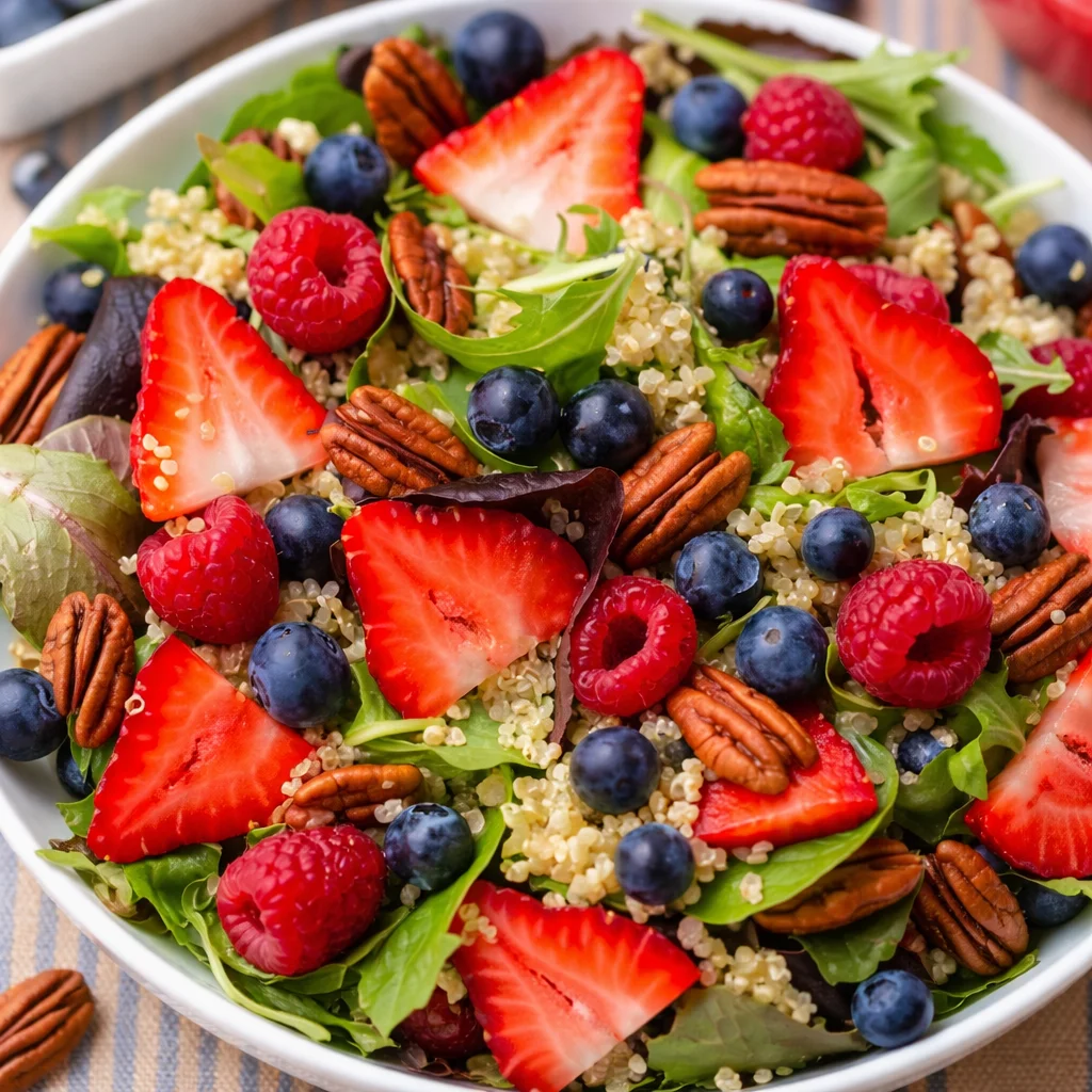 Strawberry Quinoa Salad topped with crunchy pecan brittle and fresh strawberries