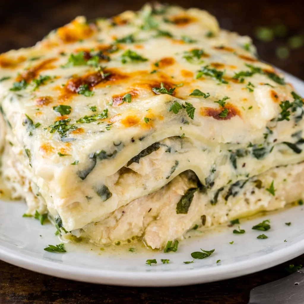 Creamy White Chicken Lasagna with spinach and cheese layers on a plate.