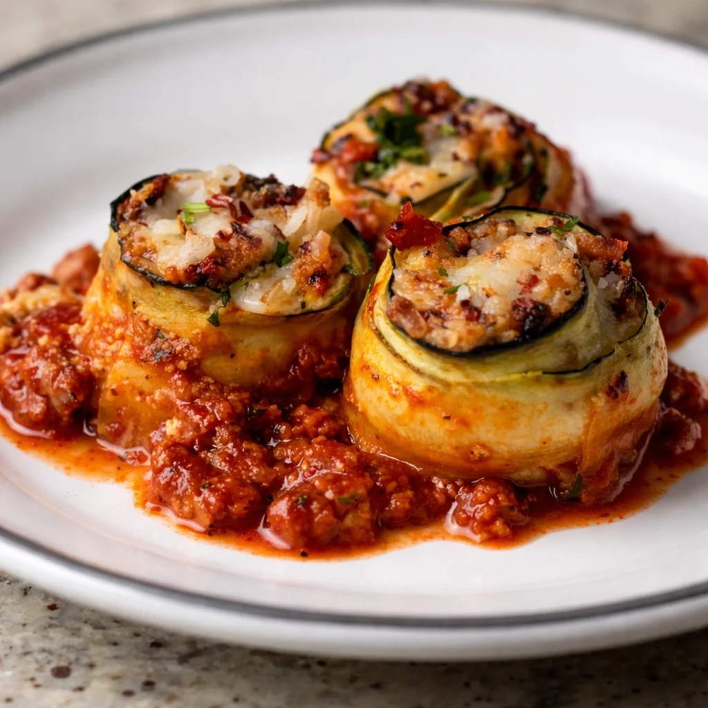 Plate of zucchini rolls filled with ricotta and spinach, drizzled with marinara sauce.