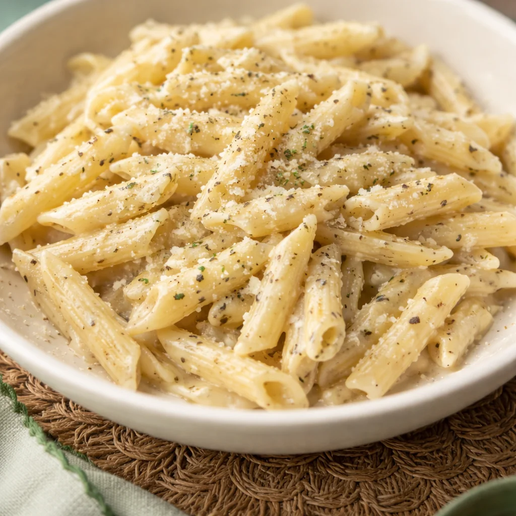 Creamy Garlic Penne Pasta topped with Parmesan cheese and fresh parsley, ready to serve.