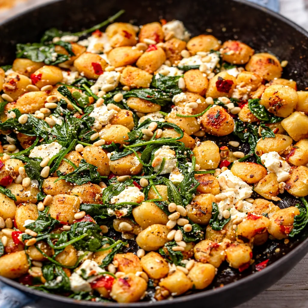 Creamy gnocchi with spinach and feta topped with herbs and lemon zest.