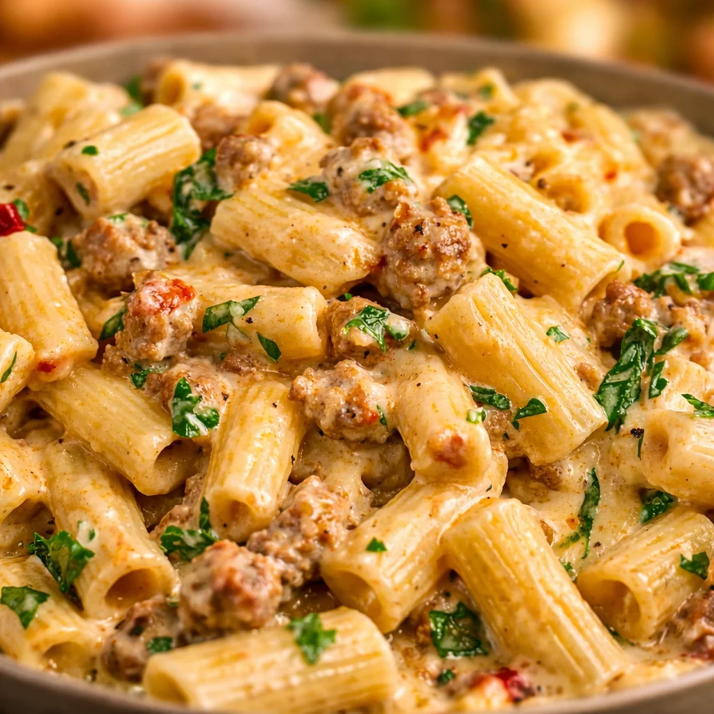 Creamy Italian Sausage Rigatoni pasta dish with rich sauce and Parmesan cheese.