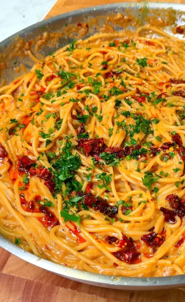 Creamy vegan caramelized onion pasta with golden onions and rich vegan sauce