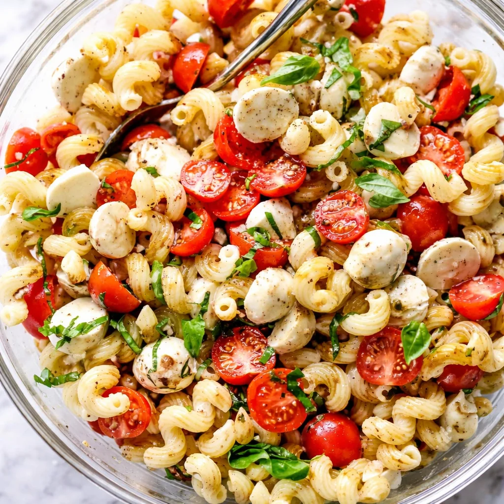 Fresh Caprese Pasta Salad with cherry tomatoes, mozzarella, and basil.