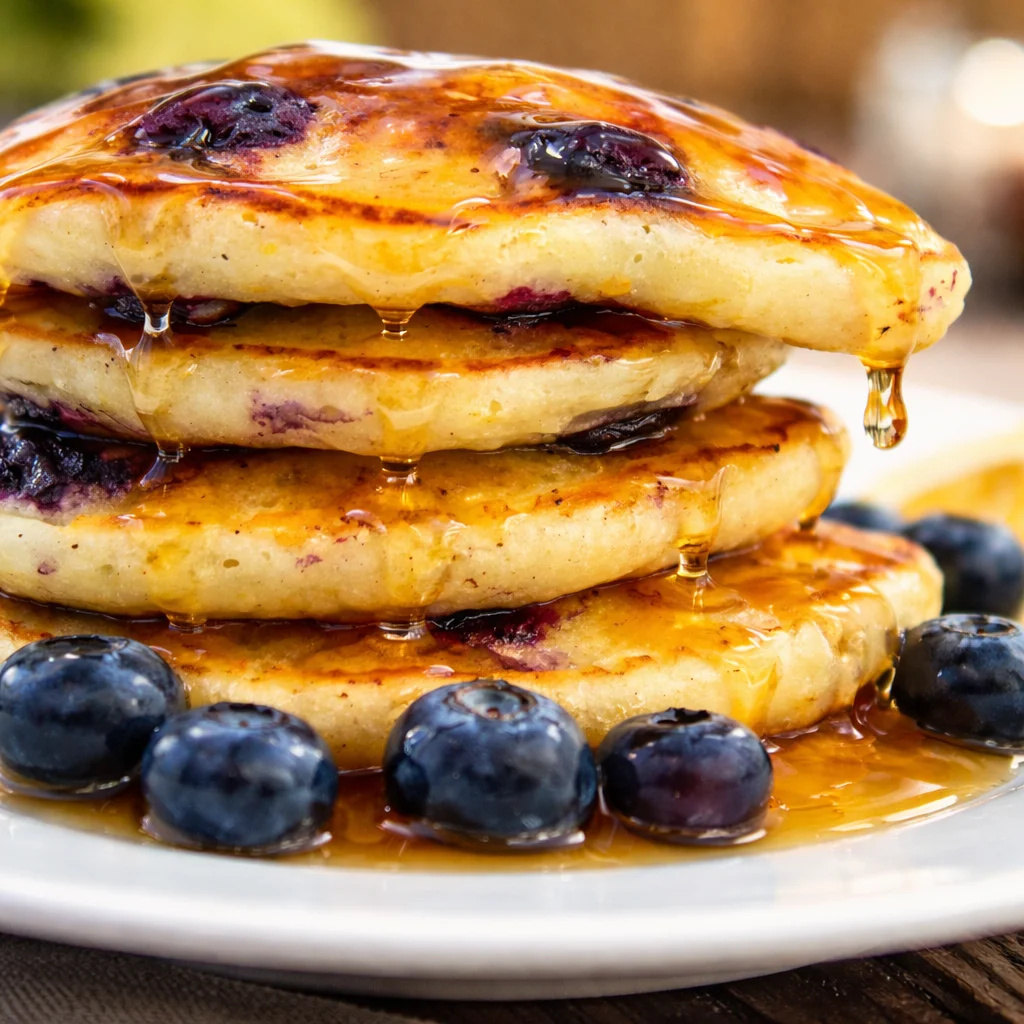 Delicious stack of Blueberry Lemon Mini Pancakes topped with fresh blueberries and syrup.