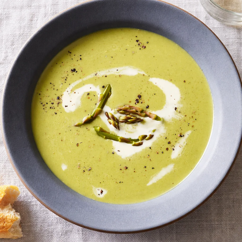 Bowl of creamy Simple Asparagus Soup garnished with fresh asparagus and herbs.
