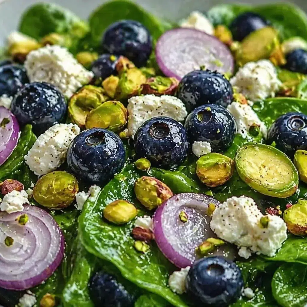 Blueberry Pistachio Spring Salad with feta, greens, and pomegranate honey dressing.