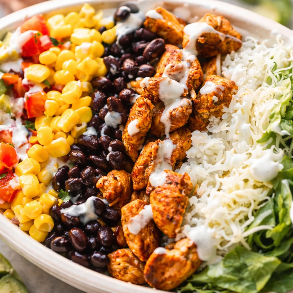Delicious Chicken Burrito Bowl with cilantro-lime rice, black beans, and toppings.