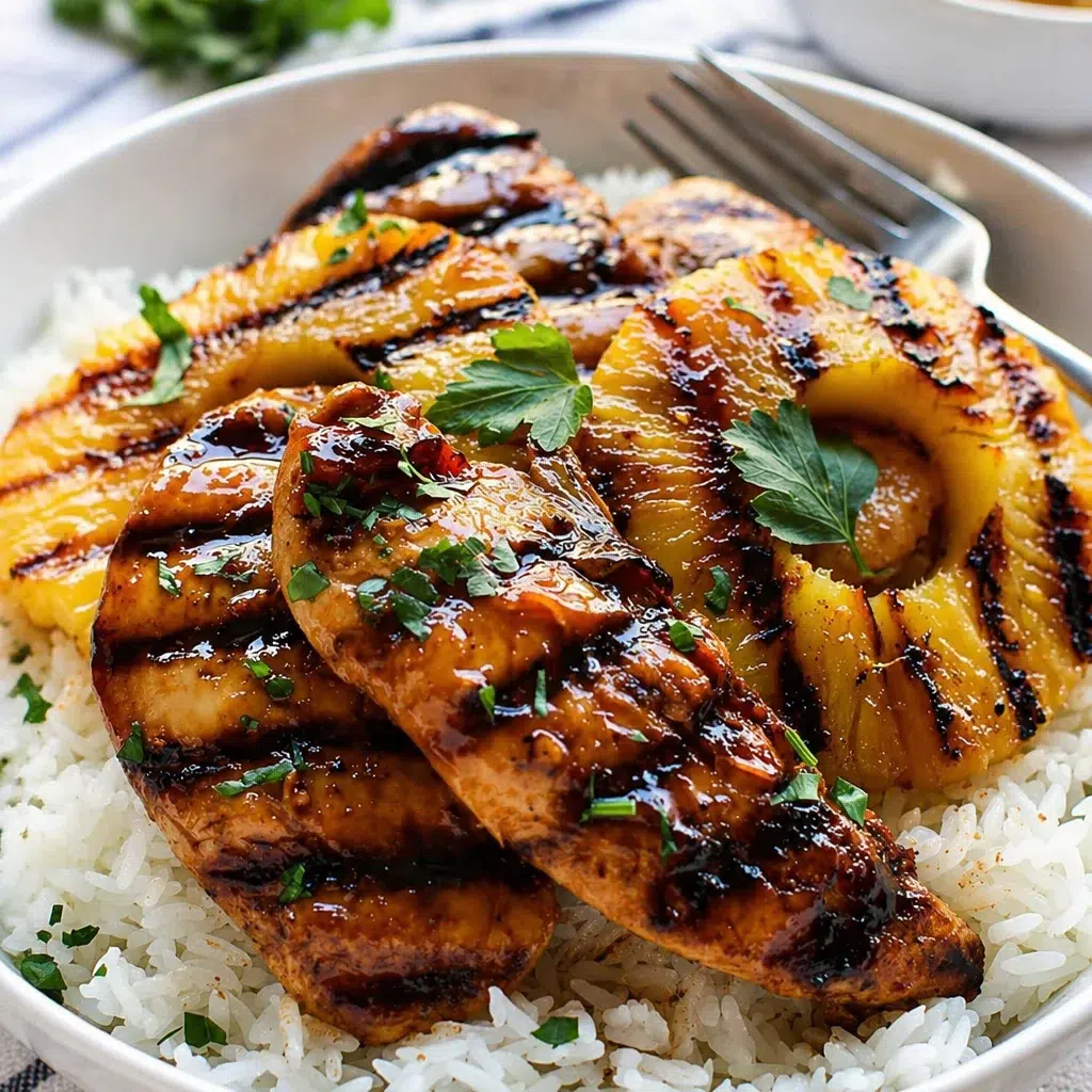 Hawaiian Chicken with Coconut Rice garnished with fresh herbs and grilled pineapple.