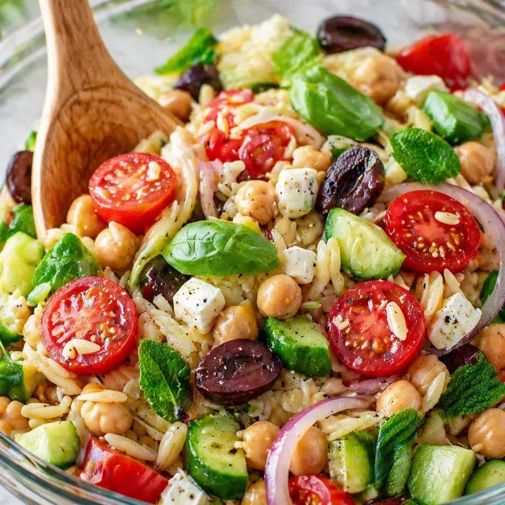 Fresh and colorful Orzo Salad with feta, veggies, and lemon dressing