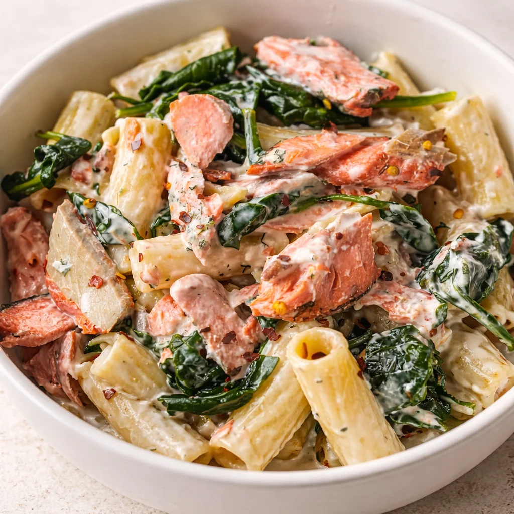 Creamy Salmon Spinach Pasta with fresh spinach and chunks of salmon in a rich sauce.