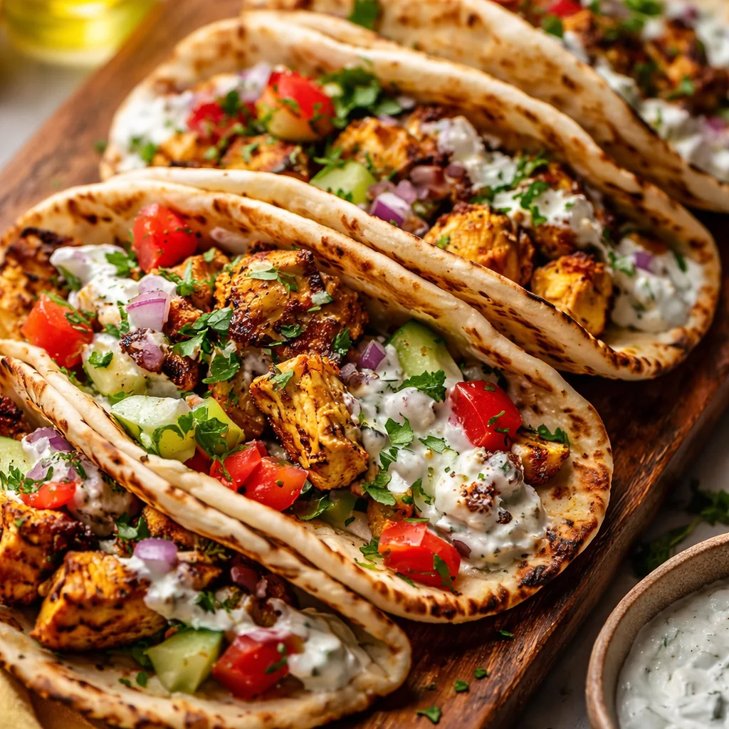 Mediterranean Chicken Tacos with fresh vegetables and tzatziki sauce