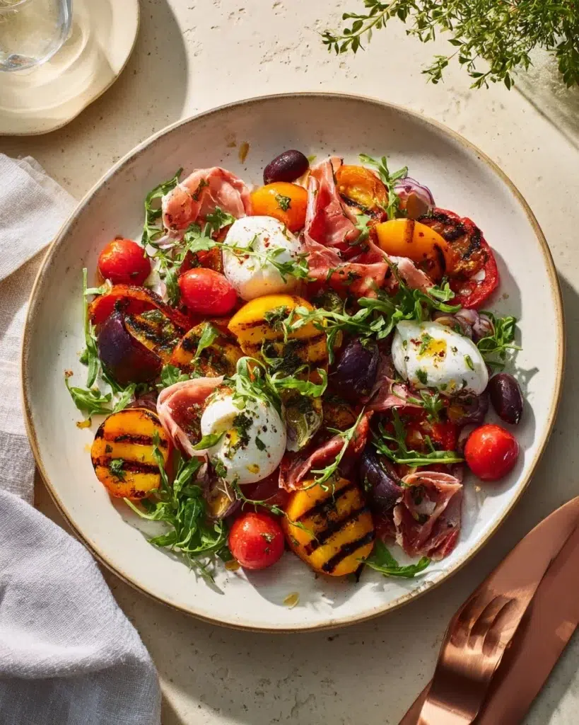 Grilled nectarines with burrata and prosciutto in a vibrant salad