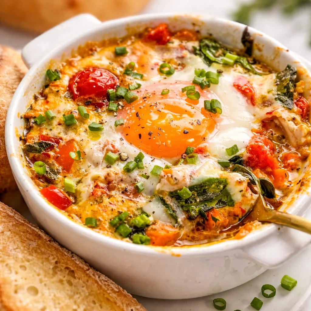 Delicious Mediterranean Baked Feta Eggs with tomatoes and spinach on a plate.