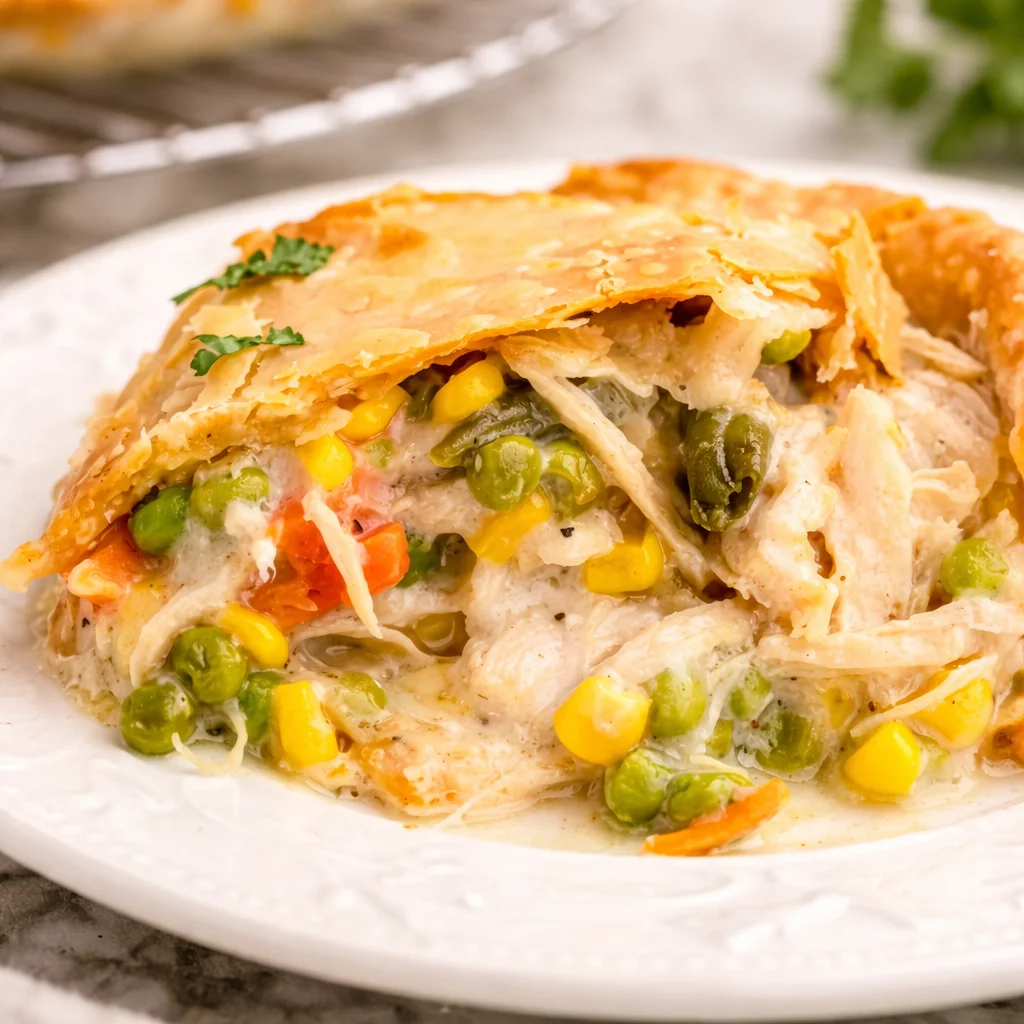 Homemade chicken pot pie with creamy filling and flaky crust.