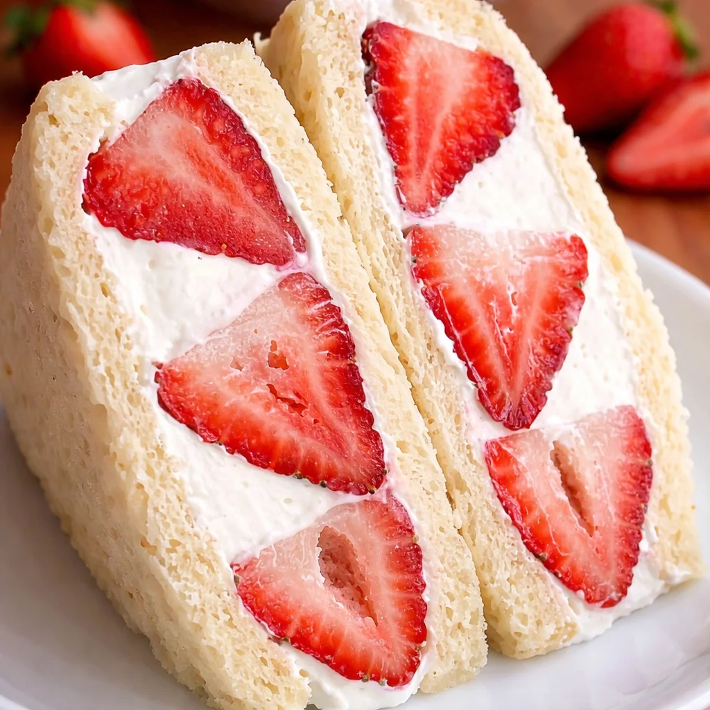 A 4-ingredient Strawberry Sando with whipped cream and fresh strawberries on fluffy bread.