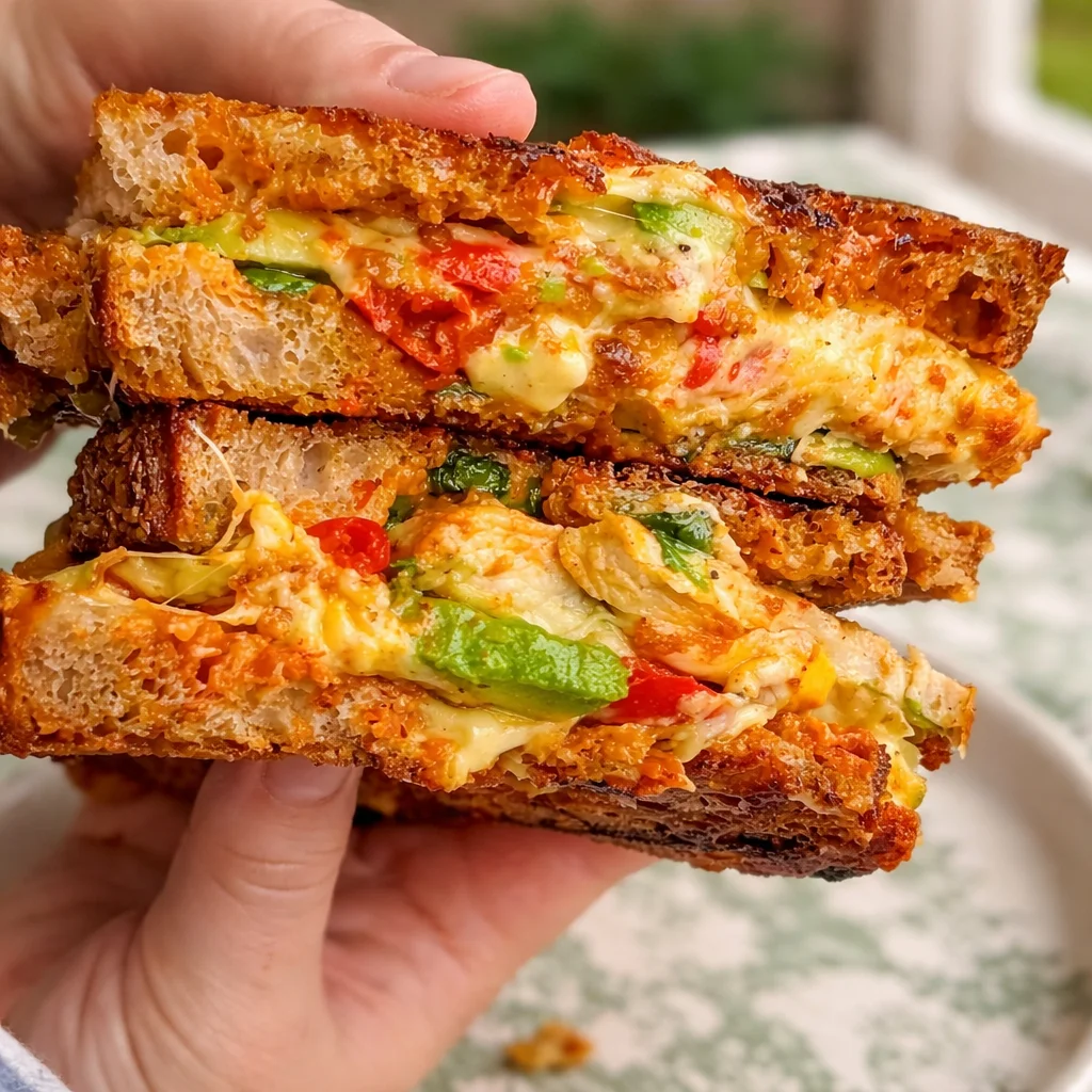 Delicious Chicken Avocado Melt Sandwich featuring chicken, avocado, cheese, and chipotle mayo.