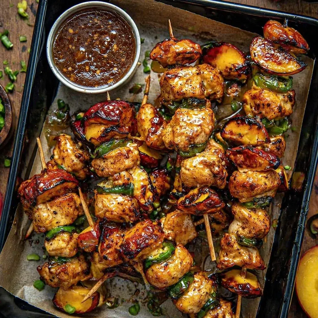 Jalapeño Peach Chicken Skewers with fresh peaches and spicy jalapeños on a grill.