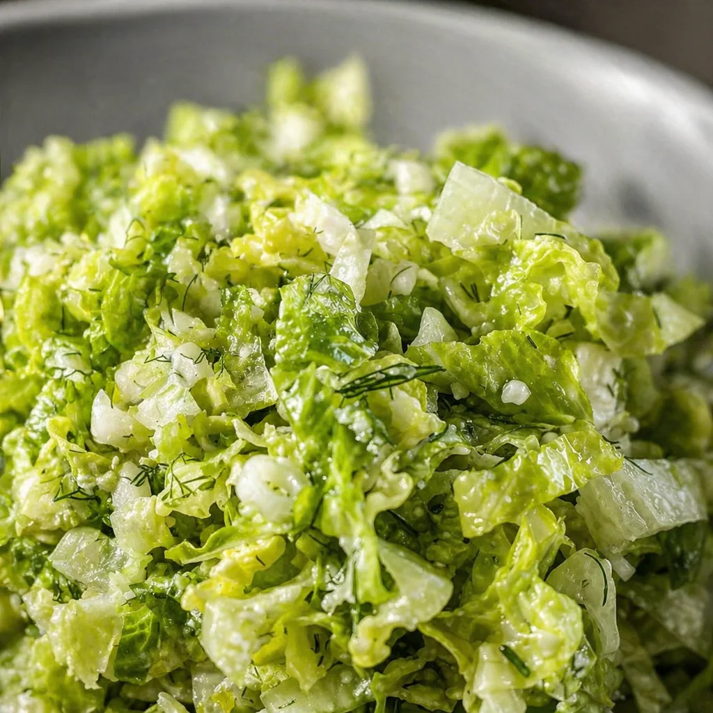 A vibrant Maroulosalata Greek lettuce salad with feta, fresh herbs, and lemon dressing.