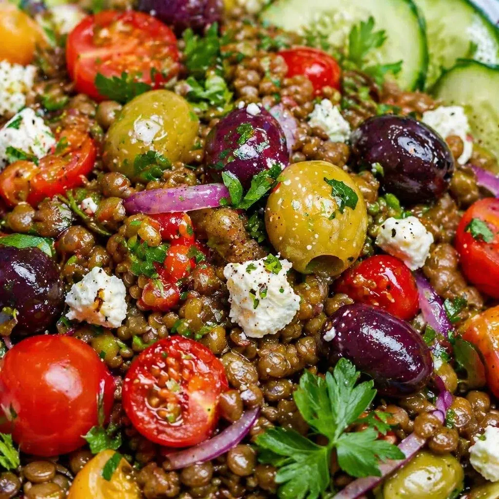Colorful lentil salad with fresh vegetables and lemon dressing in a bowl.