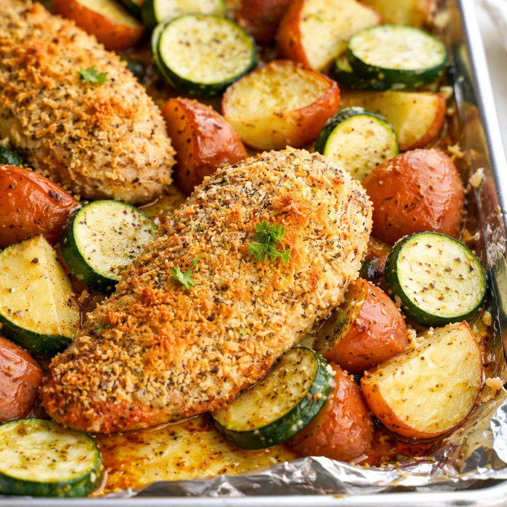 Parmesan Crusted Chicken Sheet Pan Dinner with crispy potatoes and veggies