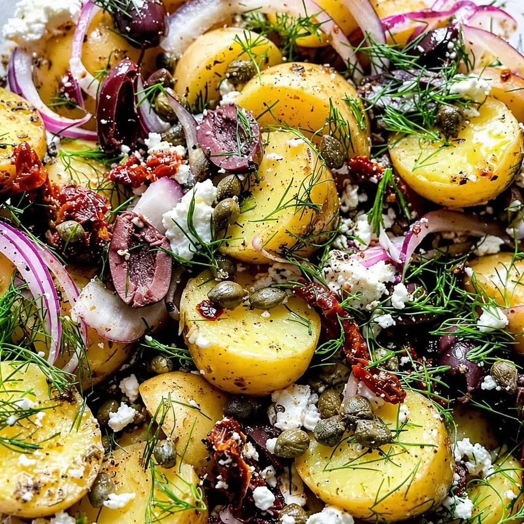 Delicious Potato and Feta Salad with herbs, olives, and cherry tomatoes, perfect for a Mediterranean meal.