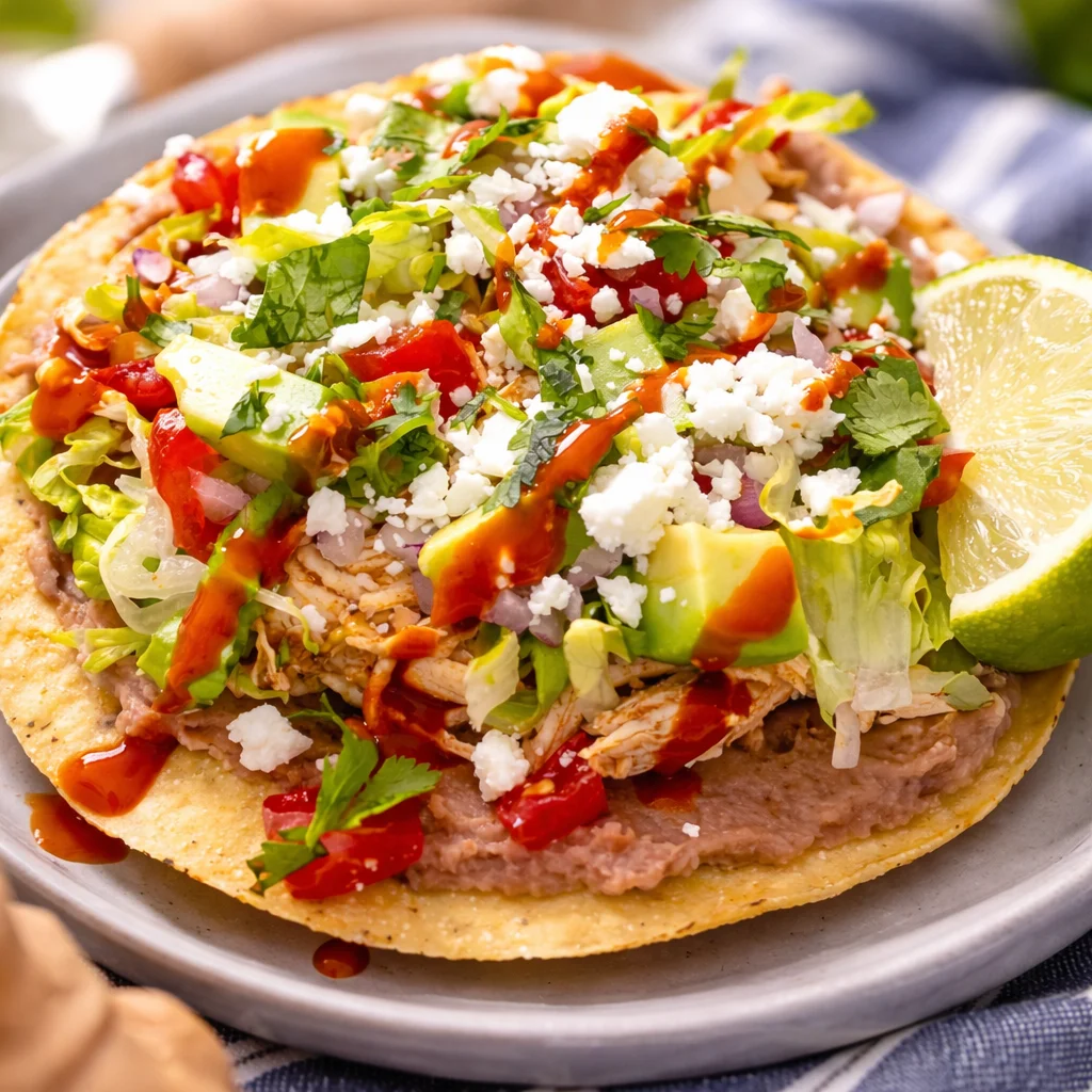 Delicious Mexican Rotisserie Chicken Tostadas topped with fresh ingredients.