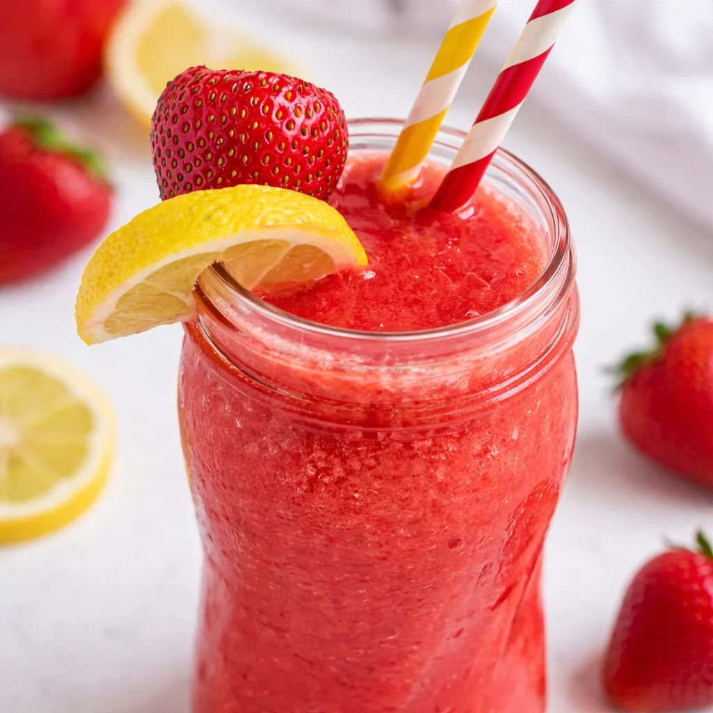Refreshing and vibrant Frozen Strawberry Lemonade in a glass with a lemon wedge.